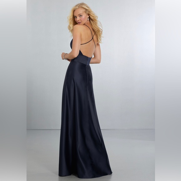 Black Mori Lee Satin formal dress. Deep V neckline, strappy open back, leg slit - Picture 2 of 4